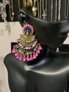 Gold-Tone Pink & Blue Statement Chandelier Earrings